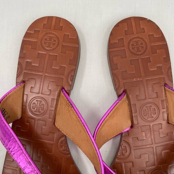Tory Burch Thora Fuchsia Pink Leather Thong Sandals Metallic Mirror Metal Size 6 - Picture 4 of 12